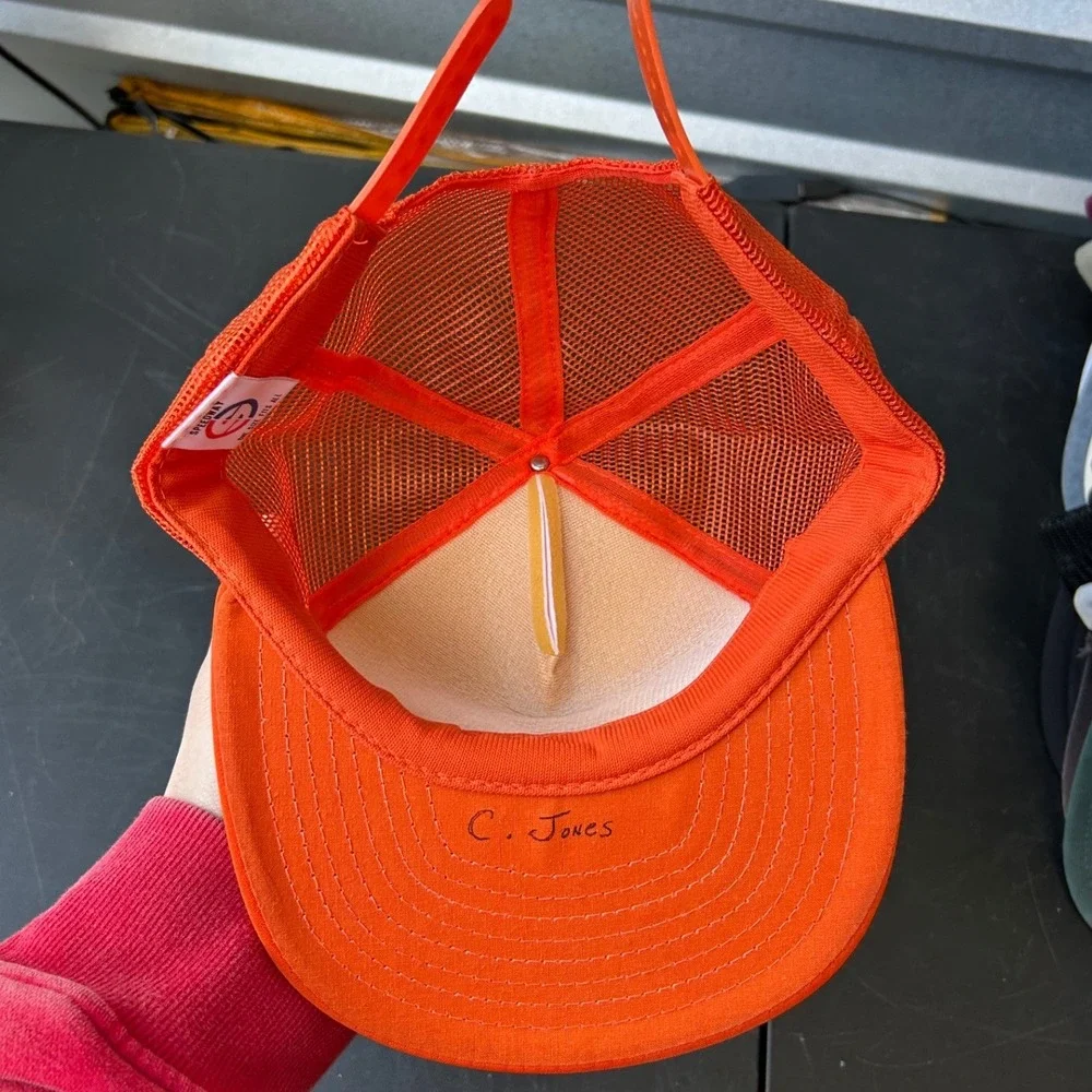 Vintage 1980's Orange White Trucker Hat Mesh Snapback Adjustable Retro‎ Style